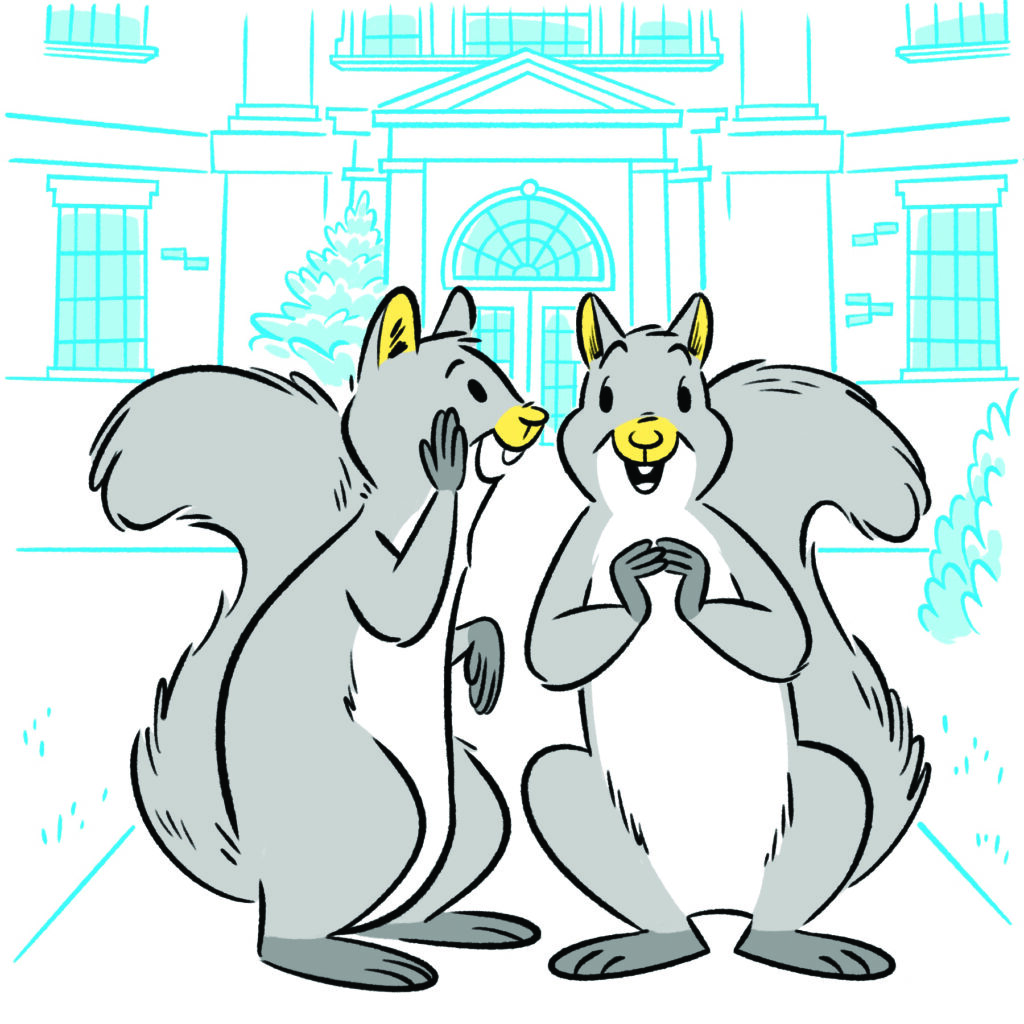 A cartoon of two squirrels talking to one another in front of an Earlham building. 