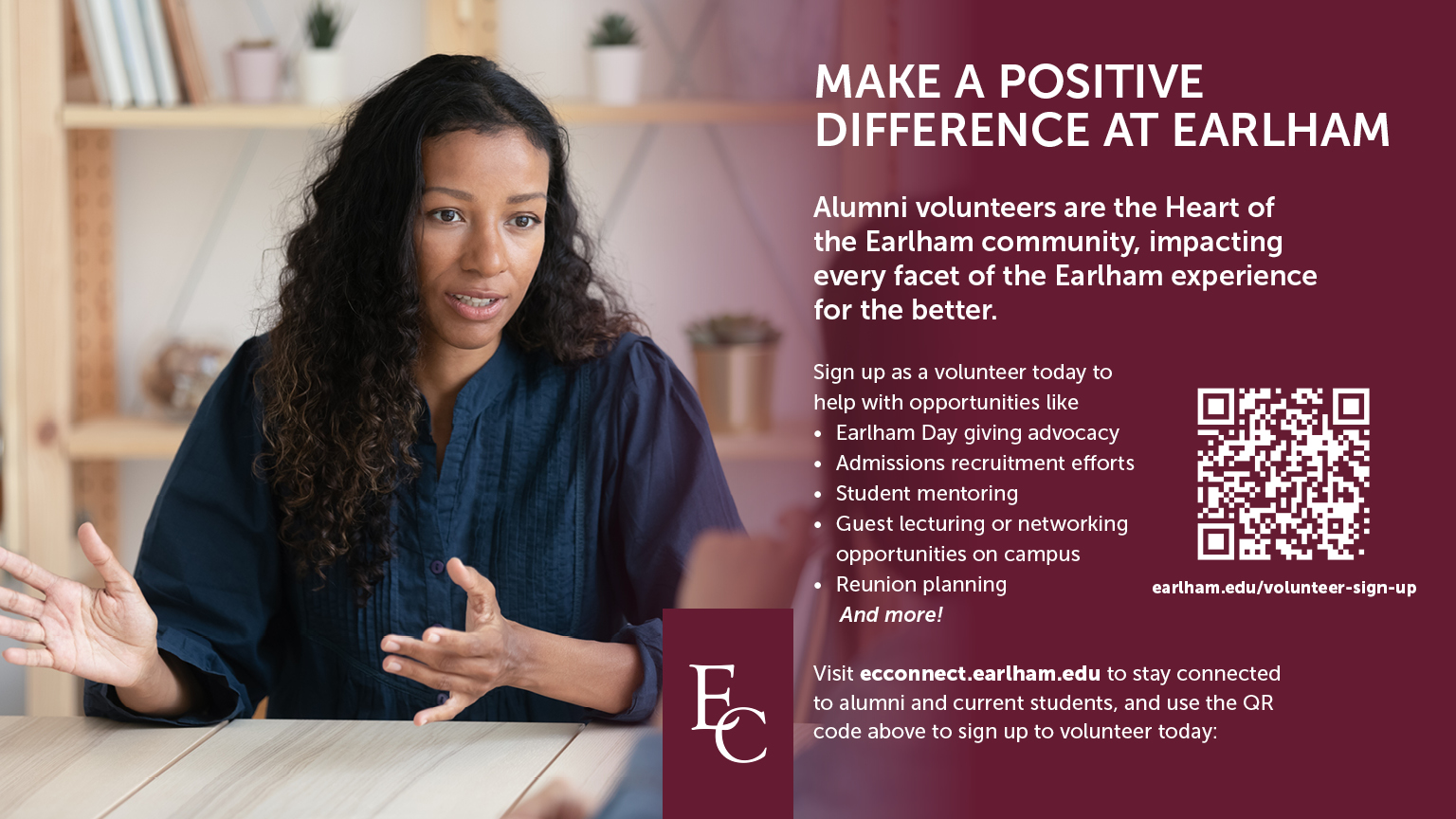 A woman talks at a table with text overlaid. An ad for alumni volunteers at Earlham. 