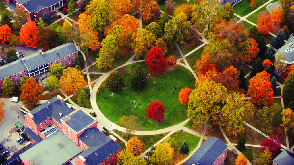 An aerial view of Earlham's campus. 
