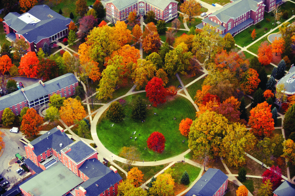Earlham's campus with fall foliage. A look at the intersecting sidewalks on The Heart. 