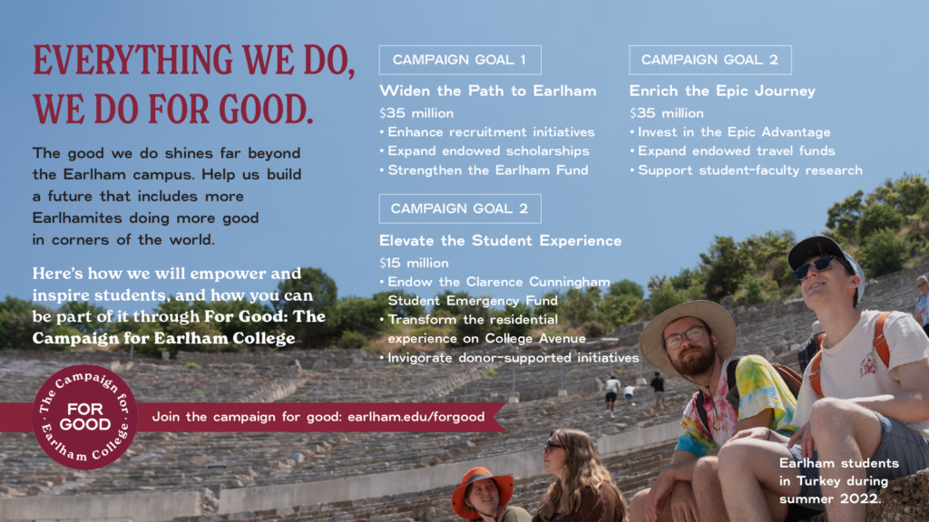 Everything we do, we do for good. Join the campaign for good: earlham.edu/forgood. Image of students in Turkey during summer 2022.