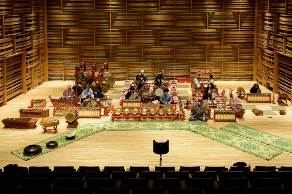 The gamelan room at Earlham College with a variety of instruments on display