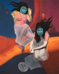 Guzman's "Reflection" (2021). Two female figures are showcased, gazing down at a shadow.